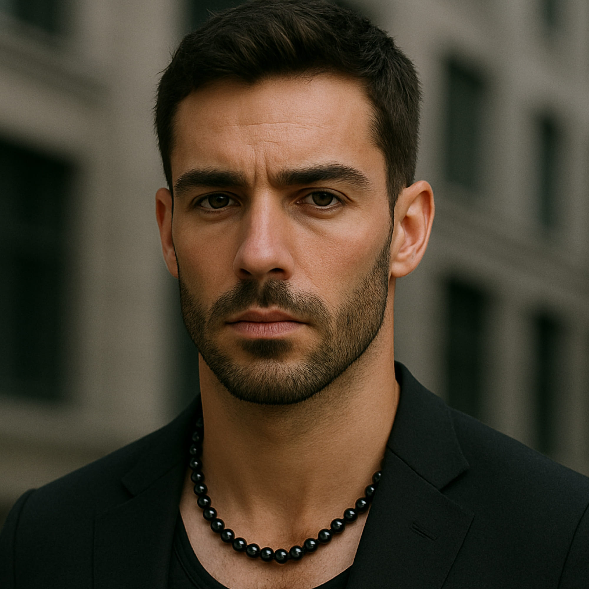 Colier Perle Barbati Negre 7–8 mm, Argint 925, Portret 